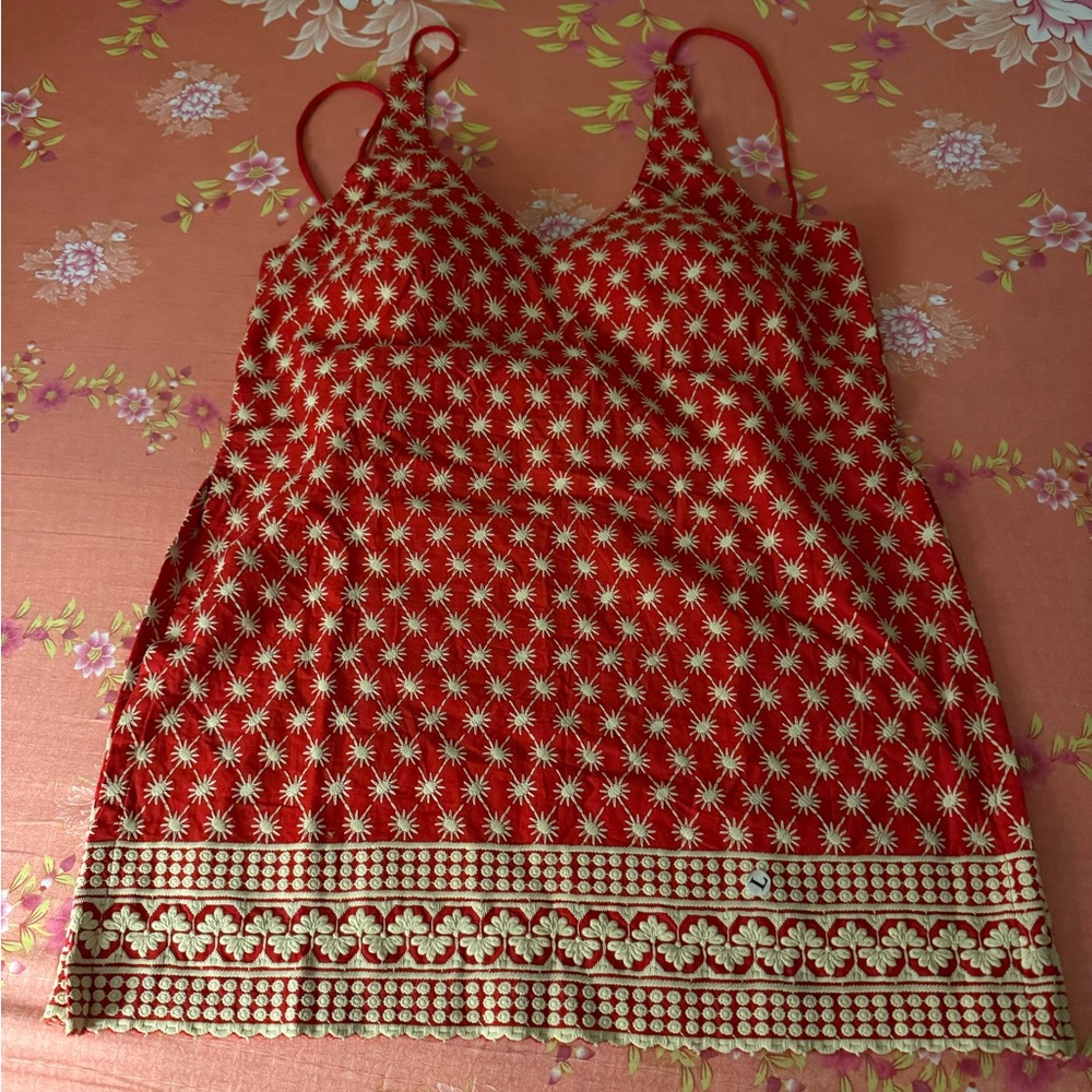 Red and Cream Patterned Women's Top
